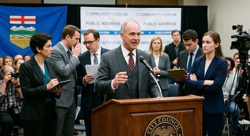 A speaker at a podium addressing a community forum